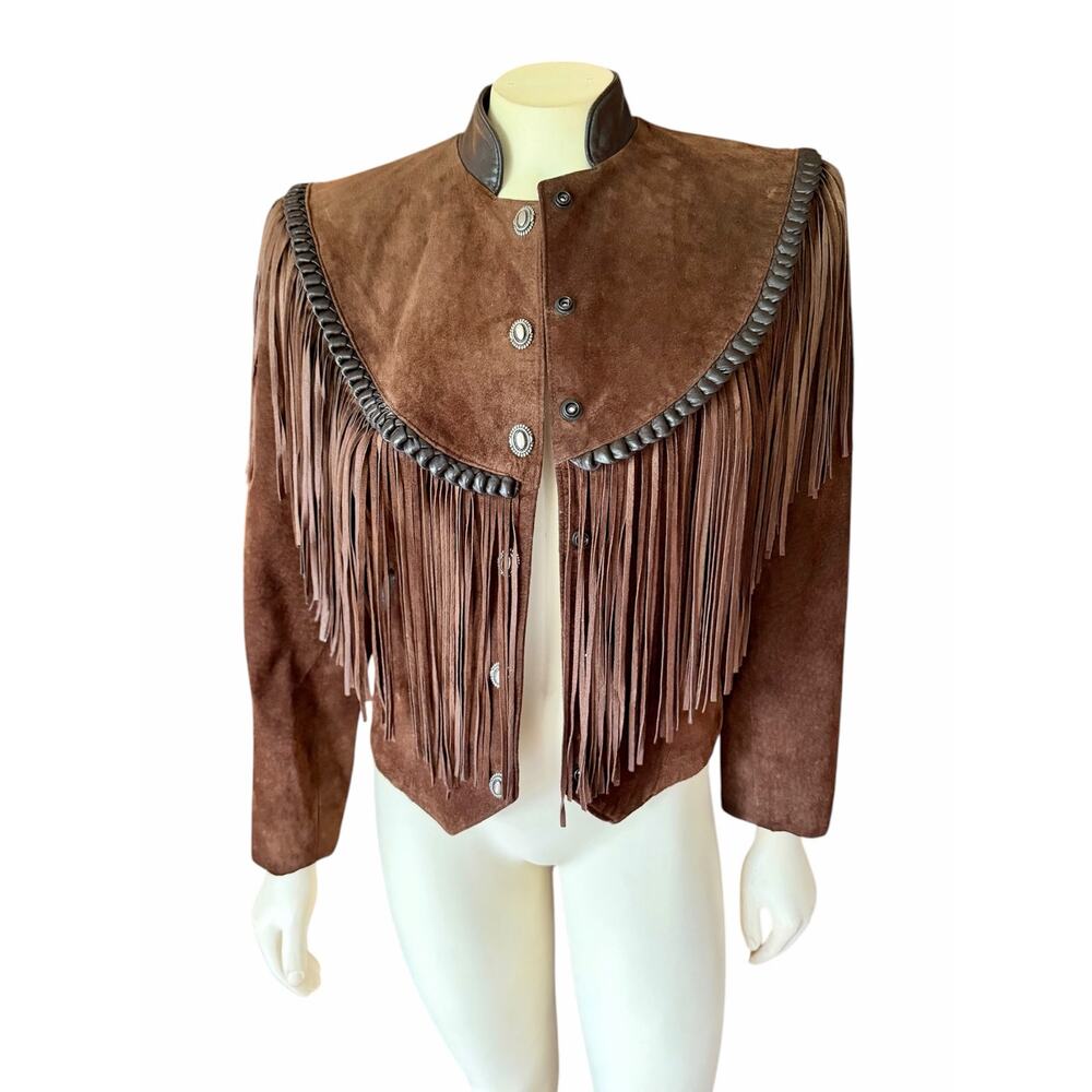 Cache Brown Suede Leather Fringe Western Crop Jacket Concho Buttons Vintage - Picture 6 of 13